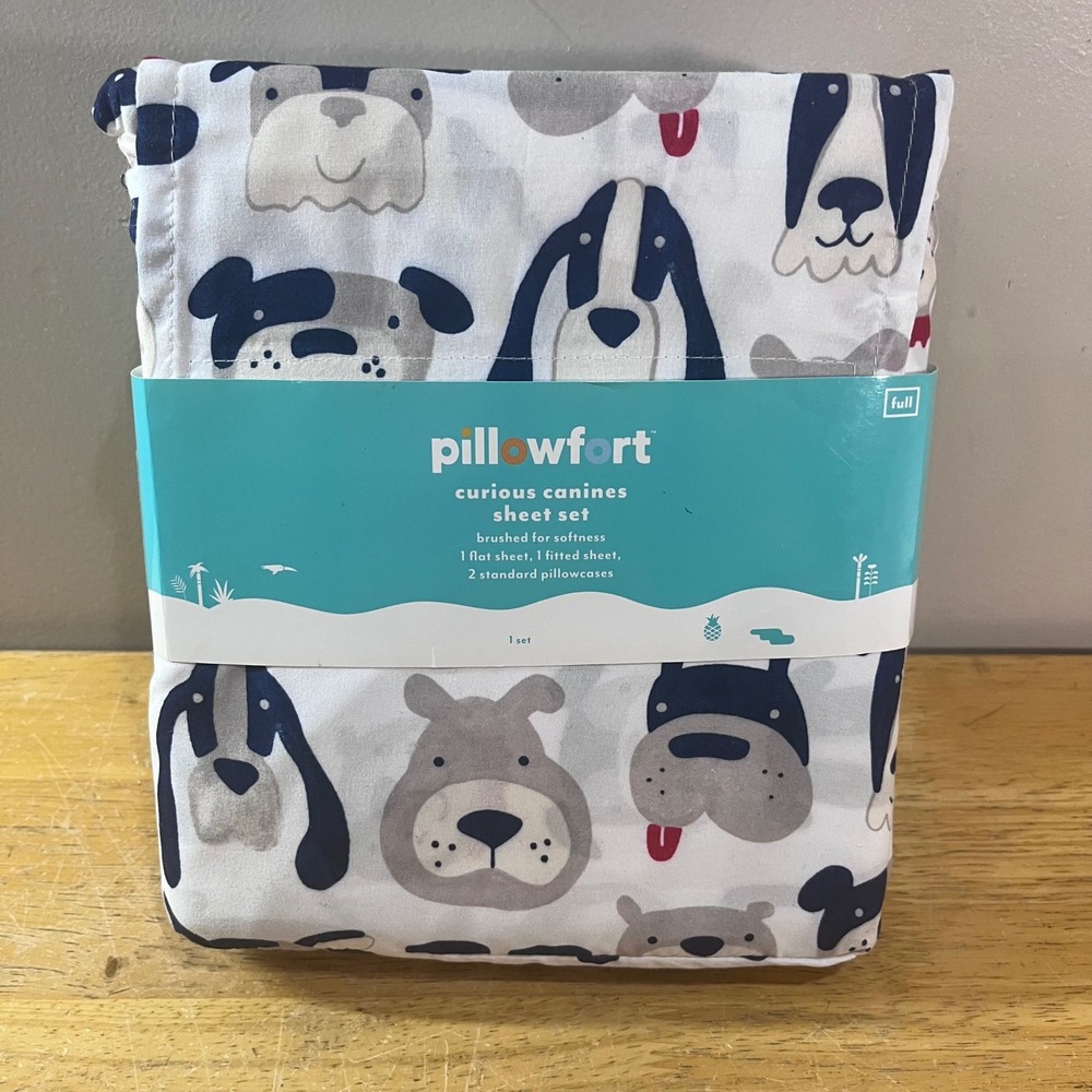 Pillowfort Curious Canines Full Sheet Set Dog Puppy Navy White Grey 4pc NEW